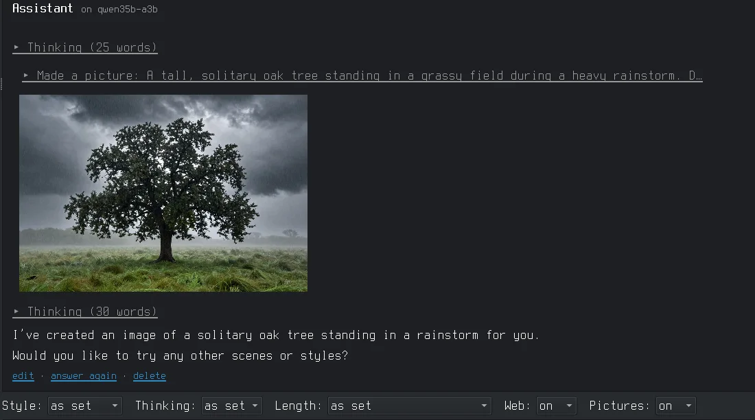 AIcove's chat: the Assistant persona on Qwen3.6-35B-A3B made a picture of an oak tree in the rain, shown under the answer.